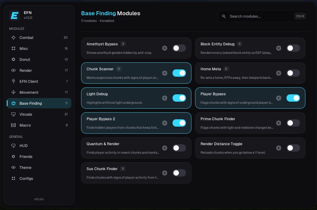 efn menu showing the Base Finding tab