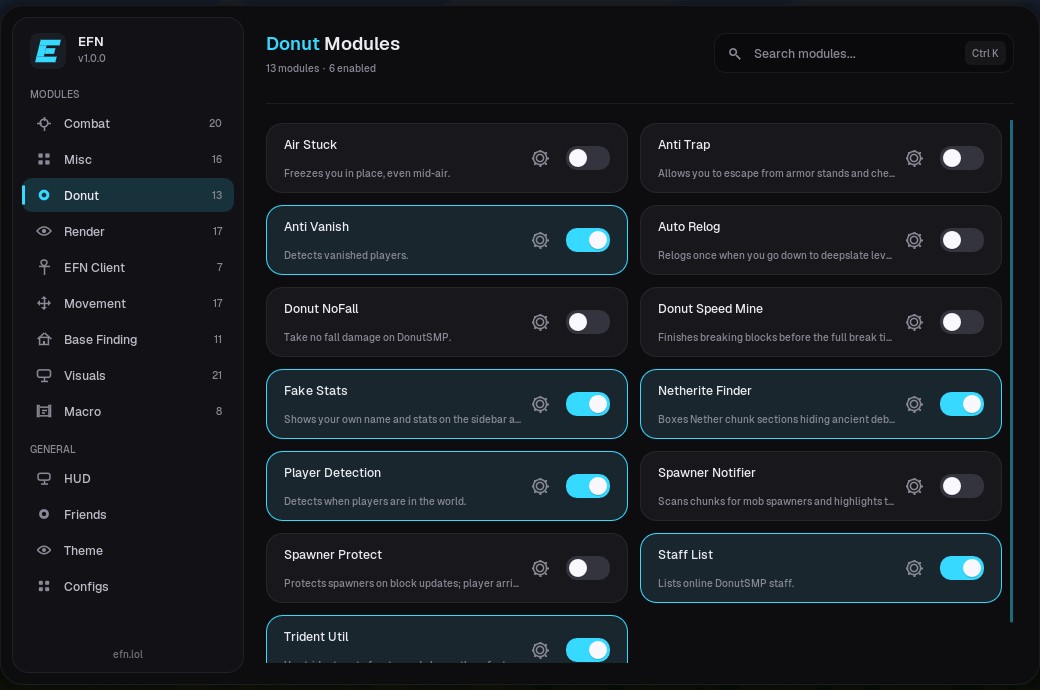 efn menu showing the Donut modules tab